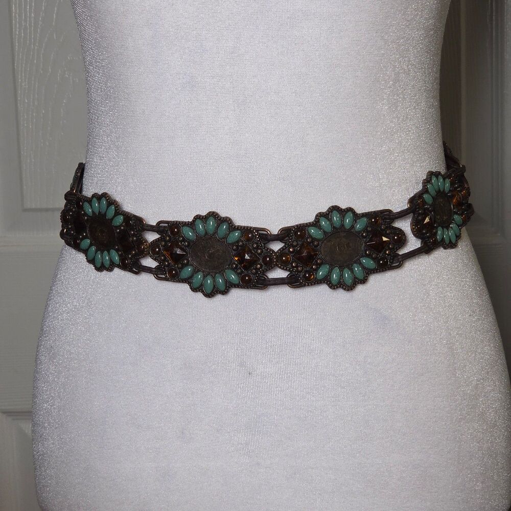 Vtg Made in Italy Boho Turquoise Amber Concho Cord Link Tie Belt Coastal Cowgirl